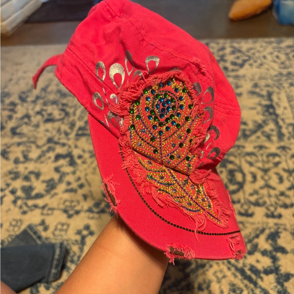 Y2K KBETHOS Hot Pink Embellished Distressed Cap with Multicolor Rhinestones